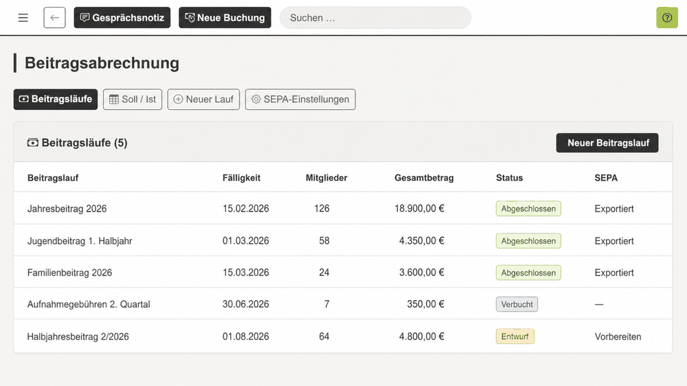 REWA Connect Beitragsabrechnung mit fünf neutralen Beispiel-Beitragsläufen und SEPA-Status