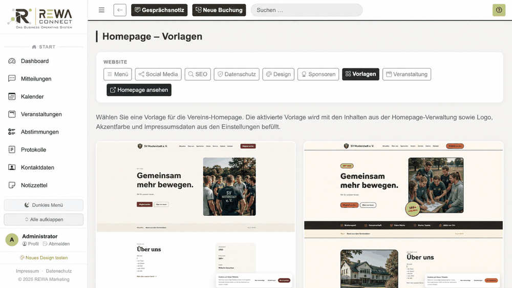 REWA Connect Verwaltung mit der Auswahl verschiedener Vereins-Homepagevorlagen