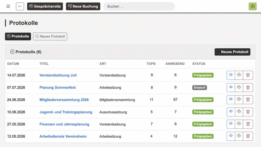 REWA Connect Protokollübersicht mit Sitzungsarten, Tagesordnungspunkten, Anwesenheit und neutralen Beispieldaten