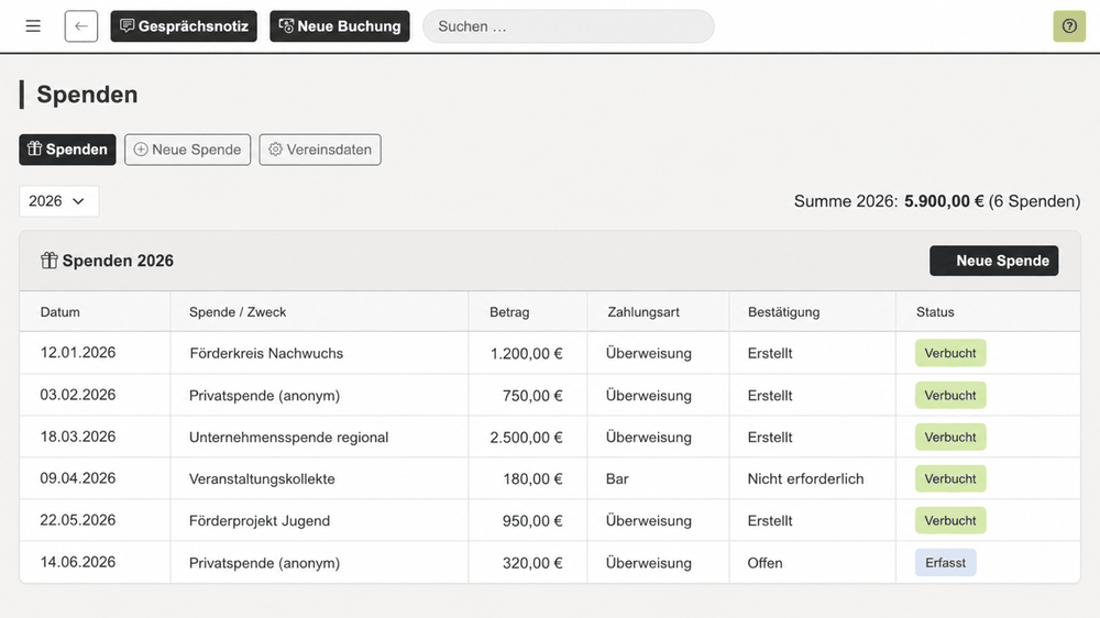 REWA Connect Spendenverwaltung mit sechs neutralen Beispielspenden, Jahressumme und Bestätigungsstatus