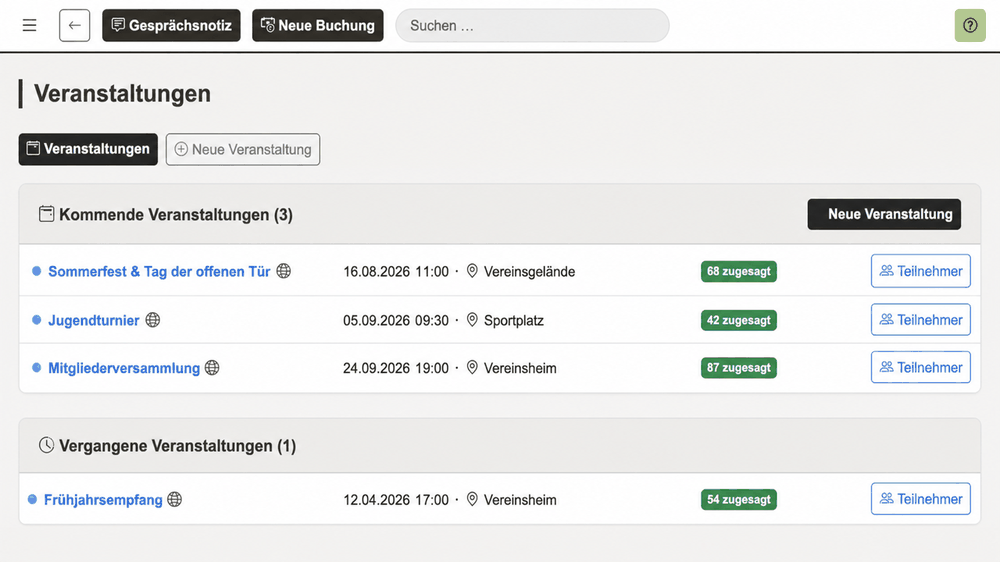 REWA Connect Veranstaltungsübersicht mit kommenden und vergangenen Terminen sowie neutralen Beispieldaten