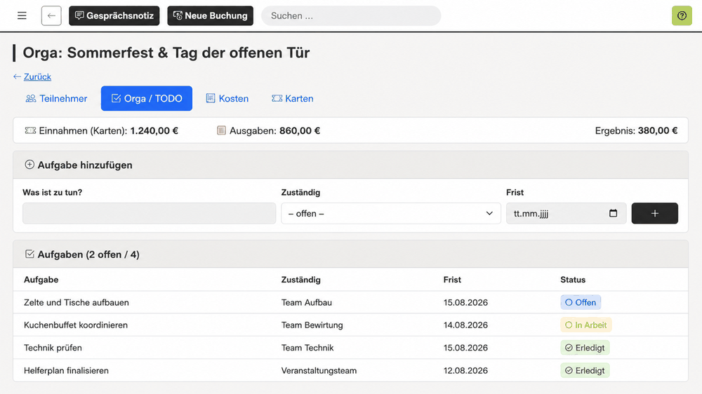 REWA Connect Aufgabenplanung für eine Vereinsveranstaltung mit Zuständigkeiten, Fristen und neutralen Teams