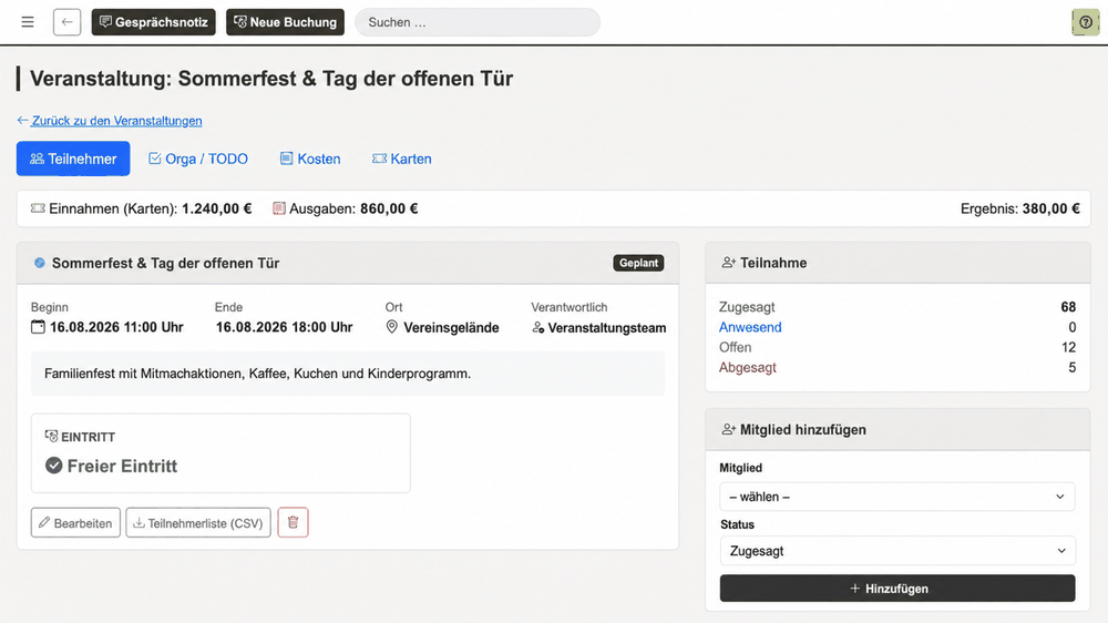 REWA Connect Veranstaltungsdetail mit Teilnehmerstatus, Grunddaten und Event-Bilanz anhand neutraler Beispieldaten